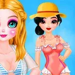 금발의 인형 스타일의 소녀와 빨간 수영복을 입고 노란 모자를 쓴 소녀가 파란 배경 앞에 서 있다