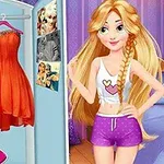 만화 스타일의 금발 소녀가 옷장 앞에서 드레스를 고르고 있는 장면