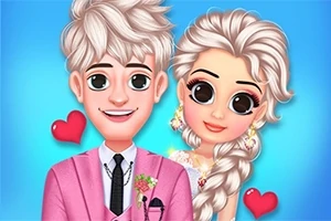 애니메이션 스타일의 커플이 미소를 지으며 서로 가까이 서 있고, 두 사람 주변에 작은 빨간 하트가 떠 있는 이미지