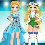 화려한 드레스를 입은 두 명의 캐릭터가 밝은 배경 앞에 서 있습니다