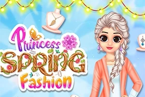 봄 패션을 입고 있는 공주의 일러스트, 배경에 화려한 조명 장식과 보석이 전시된 모습