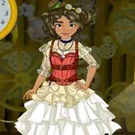 스팀펑크 스타일의 드레스를 입고 있는 소녀가 시계와 기어 장식 앞에 서 있다