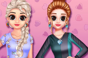 두 명의 만화 스타일 여성 캐릭터가 핑크색 하트 배경 앞에 서 있는 모습