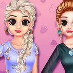 두 명의 만화 스타일 여성 캐릭터가 핑크색 하트 배경 앞에 서 있는 모습