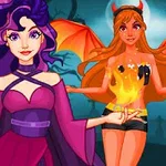 보라색 머리를 가진 마녀와 날개가 달린 악마 의상을 입은 여성 두 명이 밤의 묘지를 배경으로 서 있는 모습