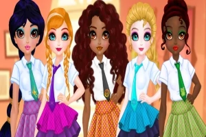 다섯 명의 소녀들이 교복을 입고 각기 다른 색상의 치마와 넥타이를 매고 서 있는 모습