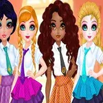 다섯 명의 소녀들이 교복을 입고 각기 다른 색상의 치마와 넥타이를 매고 서 있는 모습