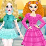 두 명의 애니메이션 여성 캐릭터가 스타일리시한 드레스를 입고 정원 배경 앞에 서 있다