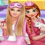 두 만화 캐릭터가 파자마 파티 중 잠옷을 입고 있으며, 한 명은 토끼를 안고 있고 다른 한 명은 컵케이크를 들고 있습니다