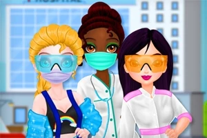 세 명의 만화 스타일 여성들이 병원 앞에서 마스크와 보호 안경을 착용하고 함께 서 있는 모습