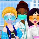 세 명의 만화 스타일 여성들이 병원 앞에서 마스크와 보호 안경을 착용하고 함께 서 있는 모습