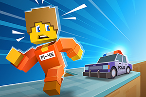 블록 스타일의 캐릭터가 주황색 죄수복을 입고 경찰차를 피해 도망치는 모습