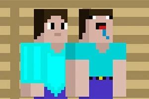 두 픽셀 아트 캐릭터가 나무 배경 앞에 서 있으며, 한 캐릭터는 입을 벌리고 침을 흘리고 있다