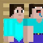 두 픽셀 아트 캐릭터가 나무 배경 앞에 서 있으며, 한 캐릭터는 입을 벌리고 침을 흘리고 있다