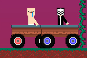 두 명의 픽셀 캐릭터가 각각 색이 다른 바퀴를 가진 마차에 앉아 있는 모습