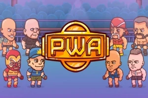 여덟 명의 만화 스타일 레슬러들이 링 위에서 서로 마주 보고 있으며, 중앙에 PWA 로고가 있는 모습