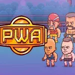 여덟 명의 만화 스타일 레슬러들이 링 위에서 서로 마주 보고 있으며, 중앙에 PWA 로고가 있는 모습