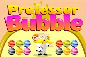 Professor Bubble라는 알록달록한 텍스트와 여러 색깔의 줄무늬 공들이 있는 장면
