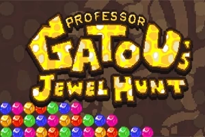 PROFESSOR GATOUs JEWEL HUNT라는 제목과 다채로운 보석들이 쌓여 있는 이미지