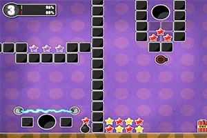 보라색 점무늬 배경 위에 검은 블록과 별 모양 아이콘들이 배치되어 있는 디자인