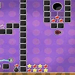 보라색 점무늬 배경 위에 검은 블록과 별 모양 아이콘들이 배치되어 있는 디자인