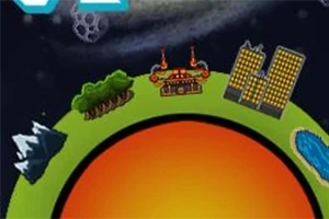 녹색 원 위에 산, 숲, 건물, 공장이 있고 옆에 작은 호수가 있는 이미지