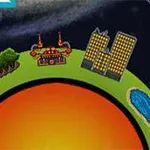 녹색 원 위에 산, 숲, 건물, 공장이 있고 옆에 작은 호수가 있는 이미지