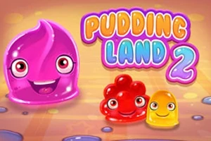 보라색, 빨간색, 노란색 푸딩 형태의 캐릭터들이 웃고 있는 모습과 Pudding Land 2라는 문구가 있는 이미지