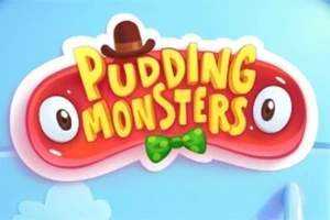 갈색 모자와 녹색 나비넥타이를 한 빨간 젤리 몬스터가 Pudding Monsters라는 글자와 함께 있는 이미지