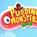 갈색 모자와 녹색 나비넥타이를 한 빨간 젤리 몬스터가 Pudding Monsters라는 글자와 함께 있는 이미지