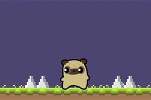 픽셀 스타일의 잔디와 땅 위에 서 있는 귀여운 만화 강아지