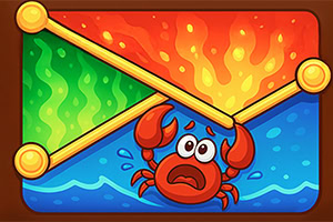 불과 물의 장애물 사이에서 당황한 표정으로 있는 게