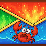 불과 물의 장애물 사이에서 당황한 표정으로 있는 게