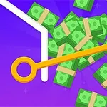 보라색 배경 위에 노란색 핀이 있고 여러 개의 녹색 돈이 쌓여 있다