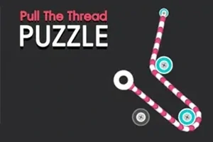 검정 배경에 Pull The Thread PUZZLE 텍스트와 줄무늬 실이 버튼 사이를 연결하고 있는 이미지