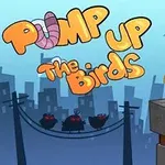 녹색 새가 건물 옥상에 앉아 있고, 배경에 나무와 전선이 있으며, 위쪽에 알록달록한 글씨로 PUMP UP The Birds라고 적혀 있다