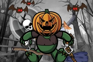 호박 머리를 가진 녹색 캐릭터가 마법의 빗자루와 무기를 들고 음산한 숲 속에 있으며, 빨간 눈의 박쥐가 배경에 날아다닌다