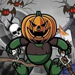 호박 머리를 가진 녹색 캐릭터가 마법의 빗자루와 무기를 들고 음산한 숲 속에 있으며, 빨간 눈의 박쥐가 배경에 날아다닌다