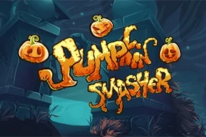 알록달록한 호박 장식과 함께 어두운 배경에 Pumpkin Smasher라는 글자가 있는 이미지
