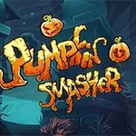 알록달록한 호박 장식과 함께 어두운 배경에 Pumpkin Smasher라는 글자가 있는 이미지