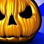 황금색 조명 아래에서 두 개의 구멍이 있는 호박 얼굴을 특징으로 한 잭오랜턴 이미지