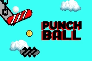 구름 배경에 PUNCH BALL이라는 텍스트와 코인, 빨간 줄무늬 스프링이 있는 장면
