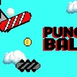 구름 배경에 PUNCH BALL이라는 텍스트와 코인, 빨간 줄무늬 스프링이 있는 장면