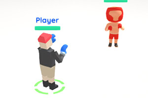 두 캐릭터가 마주 보고 있는 3D 그래픽 이미지, 한 캐릭터는 빨간색 헬멧과 옷을 입고 있고, 다른 캐릭터는 파란색 장갑을 끼고 있는 모습