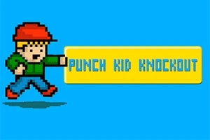 빨간 모자를 쓴 픽셀 스타일의 캐릭터가 파란색 배경 위에 PUNCH KID KNOCKOUT 텍스트가 있는 노란색 막대 옆에 서 있다