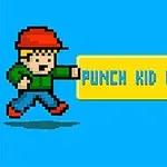 빨간 모자를 쓴 픽셀 스타일의 캐릭터가 파란색 배경 위에 PUNCH KID KNOCKOUT 텍스트가 있는 노란색 막대 옆에 서 있다