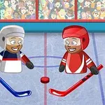하키 링크에서 두 명의 만화 캐릭터가 각자 하키 스틱을 들고 중앙에 있는 퍽을 바라보며 서 있는 모습