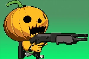 호박 모양의 머리를 가진 픽셀 아트 캐릭터가 큰 무기를 들고 있는 모습
