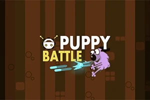 갈색 줄무늬 배경 위에 Puppy Battle라는 텍스트와 모자를 쓴 강아지 그림이 있는 이미지