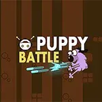 갈색 줄무늬 배경 위에 Puppy Battle라는 텍스트와 모자를 쓴 강아지 그림이 있는 이미지